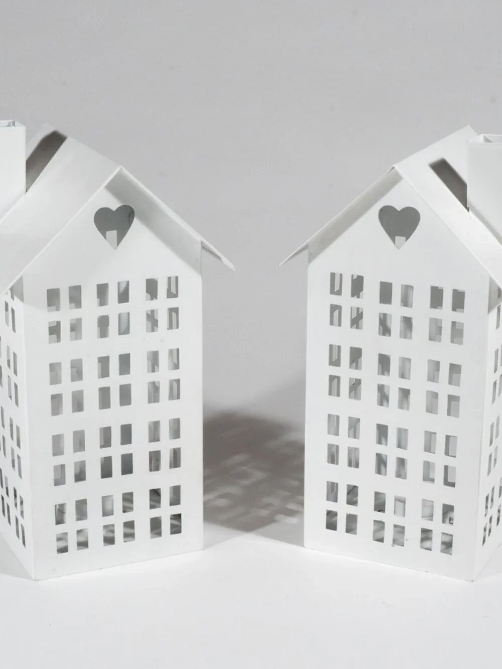 Set of 2 Decorative White Metal House Candle Holder Lanterns